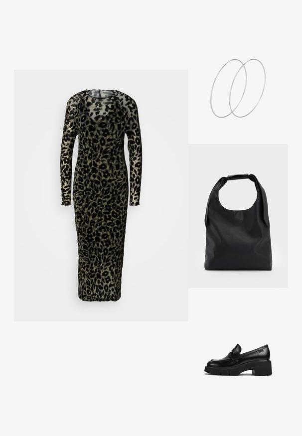 Robe à manches longues, ajustée, en tissu transparent avec un imprimé léopard noir sur un fond vert atténué. Design longueur sol.; Mocassin noir en cuir avec un talon épais, une semelle épaisse et un détail en sangle sur le dessus, présenté de côté sur un fond blanc.; Sac hobo en cuir noir avec une seule poignée ronde et douce ; présente une texture lisse et un design minimaliste. Pas de matériel ou d'accents visibles.; Boucles d'oreilles en argent au design minimaliste. Forme circulaire, texture lisse et profil fin. Légères avec une finition polie.