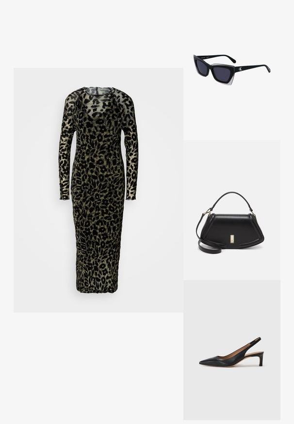 Pitkähihaista, vartalonmyötäistä mekkoa, joka on valmistettu läpinäkyvästä kankaasta, jossa on musta leopardikuvio mutedun vihreän taustan päällä. Lattiaan asti ulottuva malli.; Mustat nahkaiset slingback-korkokengät, joissa on terävä kärki, matala korko ja sileä pinta. Varustettu ohuella säädettävällä hihnalla turvallisen istuvuuden takaamiseksi.; Mustat ylisuuret aurinkolasit, joissa on geometrinen muoto, tummat linssit ja kehykseen erottuva harmaa yksityiskohta. Logo varressa.; Mustalla nahkalaukulla, jossa on jämäkkä muotoilu, lyhyt malli, yläkahva ja kultaiset yksityiskohdat. Säädettävä olkahihna sisältyy.