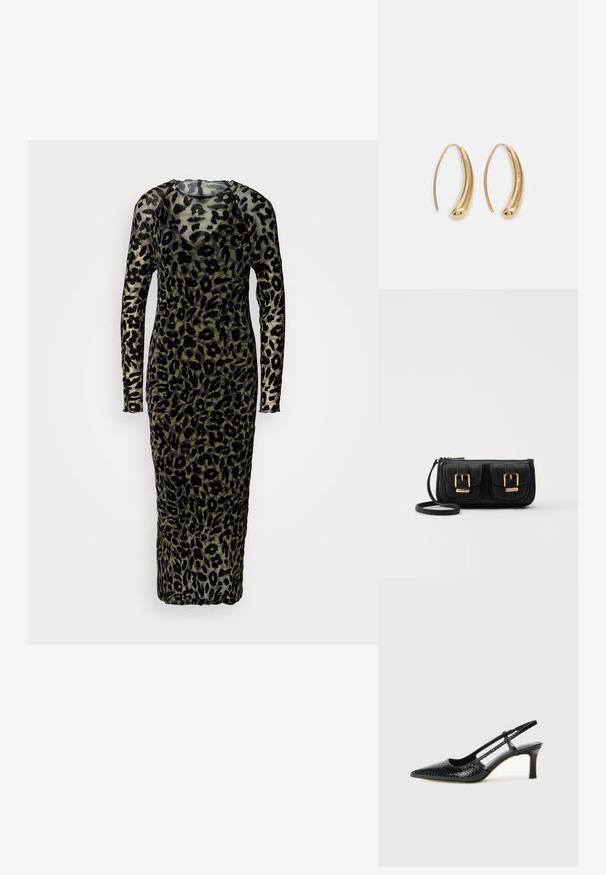 Langärmliges, figurbetontes Kleid aus transparentem Stoff mit einem schwarzen Leopardenmuster auf einem gedämpften grünen Hintergrund. Bodentiefe Ausführung.; Schwarze Lack-Slingback-Pumps mit spitzem Zehenbereich, versehen mit strukturiertem Schlangenprint, verstellbarem Riemen und einem kurzen, strukturierten Blockabsatz.; Schwarze Leder-Umhängetasche mit zwei vorderen Taschen, goldenen Schnallen, Reißverschluss und einem schmalen Tragegurt. Texturierte Oberfläche und kompakte rechteckige Form.; Goldfarbene Metall-Hoops mit einer geschwungenen, länglichen Form. Sie verfügen über eine glatte, glänzende Oberfläche und eine abgerundete Spitze für zusätzliche Details.