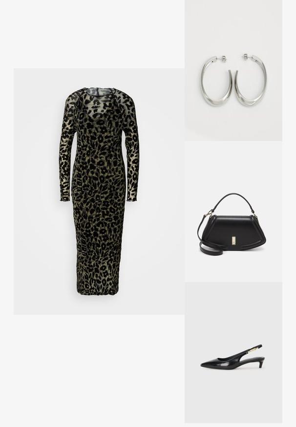 Abito attillato a maniche lunghe realizzato in tessuto trasparente, con una stampa leopardata nera su sfondo verde tenue. Design lungo fino al pavimento.; Tacchi slingback in pelle nera con punta affusolata, caratterizzati da un tacco alto e un accento dorato sulla cinghia regolabile. Texture liscia.; Borsa a mano in pelle nera con un design strutturato, caratterizzata da una forma corta, manico superiore e accessori in metallo dorato. Inclusa tracolla regolabile.; Orecchini a cerchio argentati con un design liscio e curvo. Presentano una finitura metallica lucida e una chiusura a perno. Nessun motivo o accentuazione visibile.