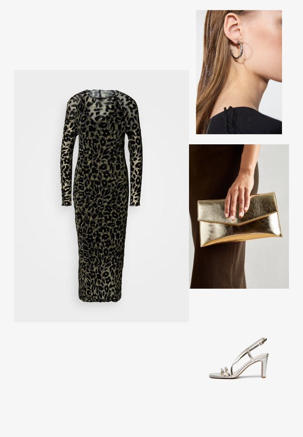 Long-sleeve, form-fitting dress made of sheer fabric featuring a black leopard print on a muted green background. Floor-length design.; Metallic silver high-heel sandal with an open toe, featuring three thin straps across the foot and an ankle strap with a buckle.; Gold metallic clutch bag with a smooth texture, featuring a triangular flap closure. The hand holding it has neatly manicured nails.; Silver hoop earring with a polished finish, featuring small gold accent details and a round shape, worn on the lobe.