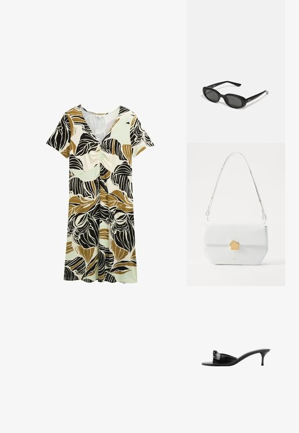 Sukienka z krótkim rękawem z liściastym wzorem w odcieniach czerni, brązu i zieleni. Wykonana z lekkiego materiału z marszczonym przodem.; Czarne skórzane klapki wsuwane z akcentem kokardy, otwarte na palcach i na smukłym wysokim obcasie. Gładka faktura i minimalistyczny design.; Czarne okulary przeciwsłoneczne z owalnymi soczewkami, błyszcząca plastikowa oprawa i smukłe zauszniki. Posiadają białe logo Ray-Ban po boku.; Biała skórzana torba na ramię z geometrycznym złotym zapięciem, płaski design i wydłużony pasek. Charakteryzuje się prostymi liniami i błyszczącą teksturą.