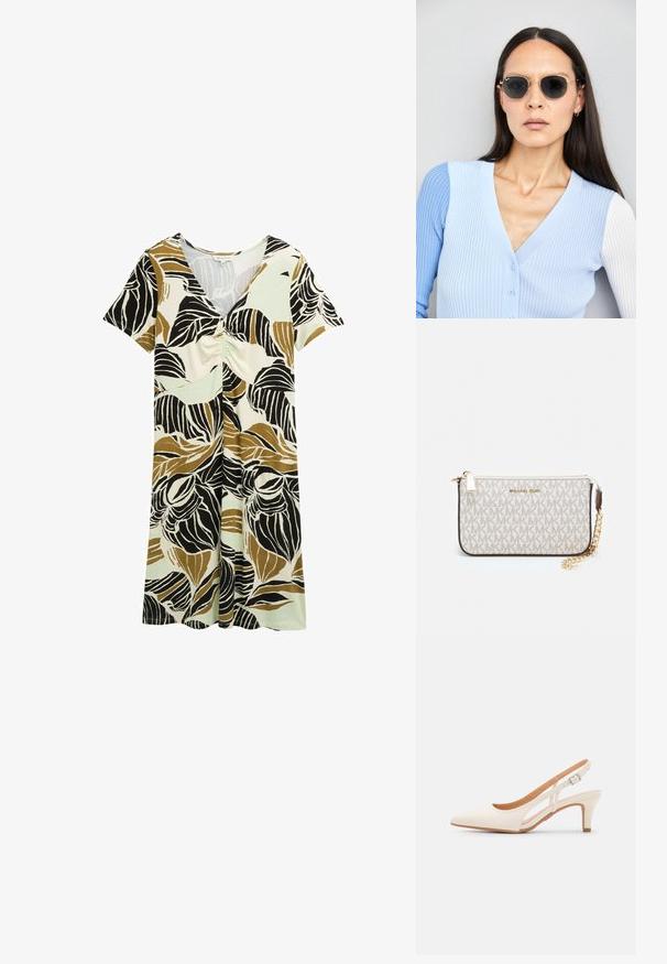 Kurzarmkleid mit einem blätterartigen Muster in Schwarz-, Braun- und Grüntönen. Hergestellt aus leichtem Stoff mit einem gerafften Frontdetail.; Weiße Slingback-Absätze mit spitzer Zehenpartie, glattem Obermaterial, niedrigem Blockabsatz und seitlichem Ausschnitt-Design mit verstellbarem Schnallenriemen.; Runde Sonnenbrillen mit dunklen Gläsern und goldenen Rahmen. Das Modell trägt eine hellblaue, gerippte Strickjacke mit Knöpfen und weißen Kontrastärmeln.; Michael Kors Clutch in beige beschichtetem Canvas mit einem wiederholten MK-Logo-Muster, goldfarbener hardware und einem abnehmbaren Kettenriemen.