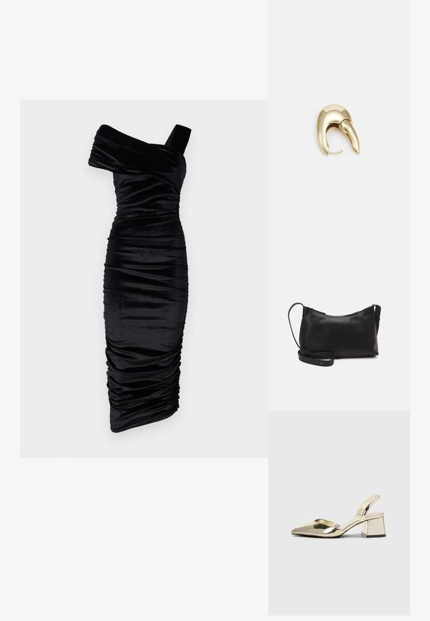 Crna baršunasta haljina bez naramenica s naborima i prilagođenim siluetom, sadrži jednu široku naramenicu s jedne strane. Dužina do sredine lista.; Zlatni metalik slingback sandali s šiljatim vrhom i debelim potpeticama. Glatka tekstura, minimalistički dizajn i uski remen.; Crna kožna torba na rame s glatkom teksturom, zakrivljenim oblikom, podesivim remenom i zatvaranjem na patentni zatvarač. Minimalistički dizajn bez ukrasa.; Zlatne metalne naušnice s elegantnim, zakrivljenim dizajnom. Imaju karakterističan šiljast oblik, poliranu površinu i zatvaranje na šarku.