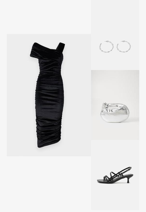 Melnā samta kleita bez piedurknēm ar drapējumiem un pieguļošu siluetu, ar vienu platu siksnu vienā pusē. Garums līdz vidusskalām.; Melni papēžu sandales ar vairākiem krustveida siksnām. Gluda materiāla, norādīta purngala un šaura papēža. Regulējama potītes siksna ar sprādzīti.; Sudraba metāliska poga somiņa ar mīkstu, noapaļotu formu un mezgla augšējo aizdari. Izgatavota no gludas mākslīgās ādas materiāla.; Sudraba gredzenveida auskari ar savītu dizainu, kas ir ar pulētu apdari un ar aizmugurēju fiksāciju. Izmērs ir aptuveni 3 cm diametrā.