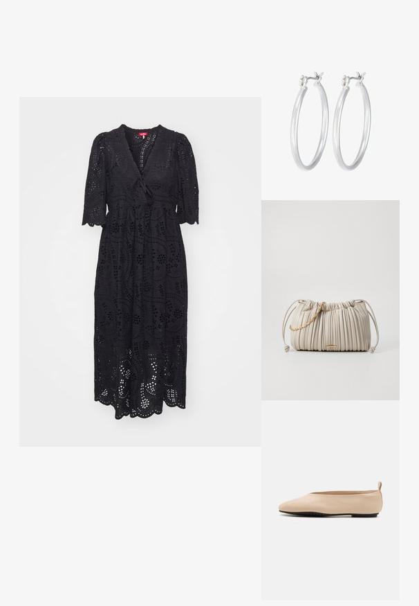 Čierne šaty vyrobené z vyšívanej látky, s V-výstrihom, krátkymi puffovými rukávmi a rozšírenou sukňou s whyobraným lemom.; Bežové kožené baletné baleríny s nízkoprofilovým dizajnom, okrúhlou špičkou a čiernou gumovou podrážkou, s malým zadným poutkom pre jednoduchšie obúvanie.; Plisovaná krémová kabelka z mäkkého materiálu, s opleteným zlatým reťazcom a sťahovaním pre nastaviteľný tvar.; Strieborné kruhové náušnice s hladkým, lesklým povrchom. Kolový tvar a bezpečné klikanie na uzatváranie. Ľahký dizajn vhodný na každodenné nosenie.