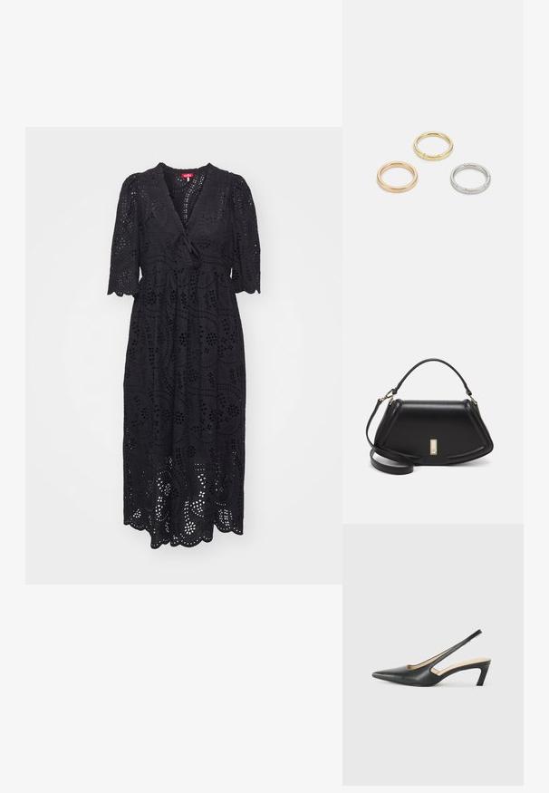 Schwarzes Kleid aus besticktem Stoff, mit V-Ausschnitt, kurzen puffärmel und einem ausgestellten Rock mit gewelltem Saum.; Schwarzer spitz zulaufender Slingback-Schuh mit niedrigem Absatz, der aus glattem Leder gefertigt ist und seitliche Ausschnitte für Atmungsaktivität aufweist.; Schwarze Lederhandtasche mit einem strukturierten Design, das eine verkürzte Form, einen oberen Griff und goldfarbene Hardware-Details aufweist. Verstellbarer Schulterriemen ist enthalten.; Drei Metallringe: einer in Roségold, einer aus Gold mit strukturierten Akzenten und einer aus Silber, alle mit graviertem Branding auf dem inneren Band.