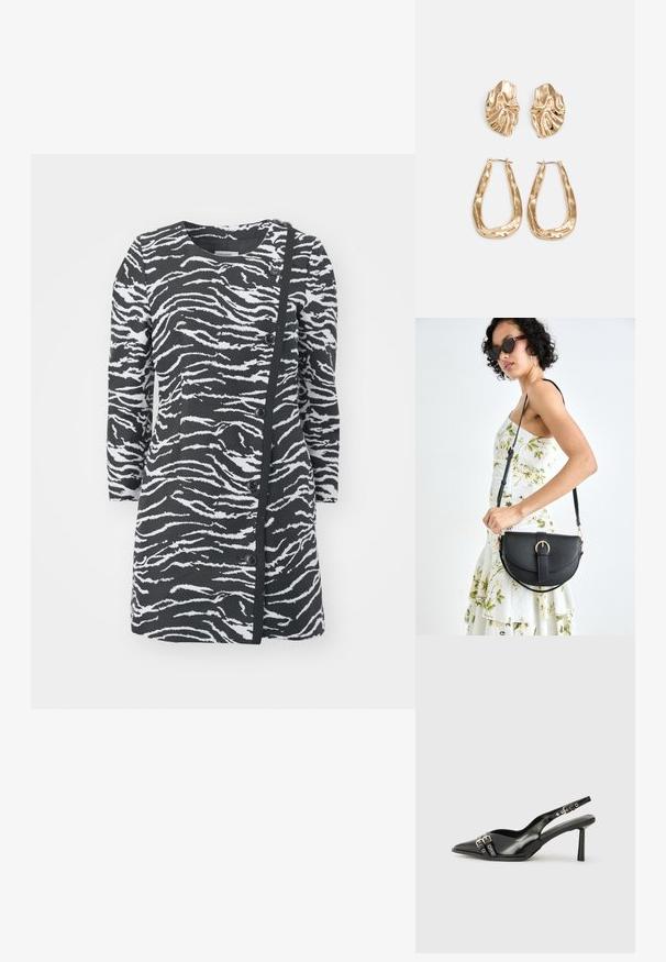 Black and white zebra-print dress with long sleeves, round neckline, and side buttons. Features a textured fabric and asymmetrical design.; Black patent leather slingback shoe with pointed toe, ankle straps featuring silver buckles and hardware, and a slender heel.; Black leather handbag with a curved shape, detachable strap, and gold hardware. The bag features a flap with a buckle detail.; Gold-tone earrings featuring textured, wavy shapes. Includes sculptural clip-on studs and open hoop design with a hammered finish.