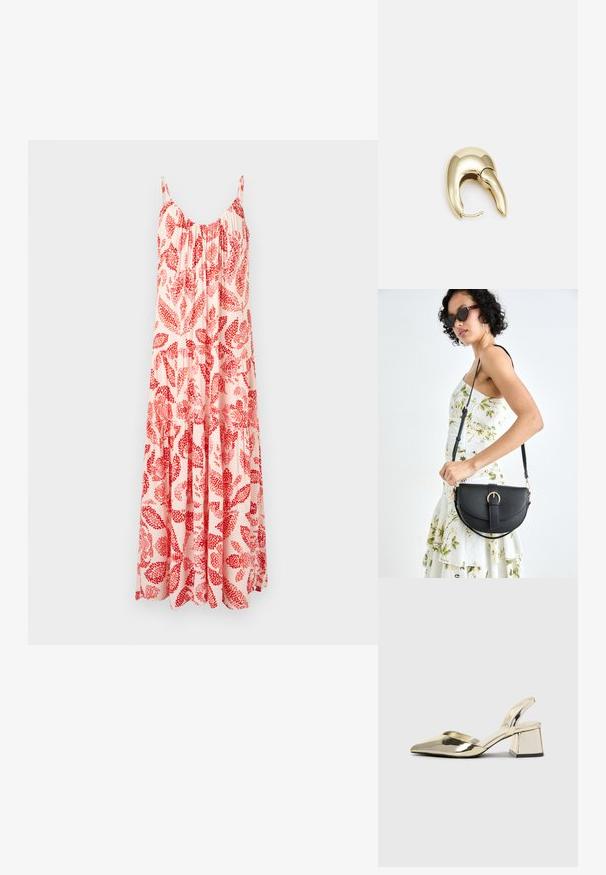 Maxiklänning i ljusrosa med ett rödblommigt mönster, med justerbara spaghettirem och en rynkad byst med flödande lager.; Guld, metalliska slingback-klackar med spetsig tå och chunky klack. Slät textur, minimalistisk design och en smal rem.; Svart läderhandväska med en böjd form, avtagbar rem och guldiga detaljer. Väskan har ett lock med en spänndetalj.; Örhänge i guldtonad metall med en elegant, böjd design. Har en distinkt spetsig form, polerad yta och gångjärnslås.