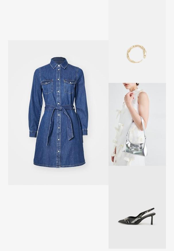 Denimist särgidress pikade varrukatega, nööbid ees, rinna taskud ja nööriga vöökoht. Omab klassikalist kraed ja keskmise pikkusega lõike.; Must musta nahk kingad sanga ja terava ninaga, ankle strapidega, millel on hõbedased pandlad ja riistvara ning õhuke konts.; Hõbedane metallik käekott struktureeritud kujuga, millel on ülemine sang ja ettepoole suunatud paeladetail. Sile tekstuur, peegeldav viimistlus.; Kuldtoonis sõrmus, millel on orgaaniline, keerdunud disain sileda tekstuuri ja kitsenevate otstega, luues kaasaegse skulptuurilise välimuse.