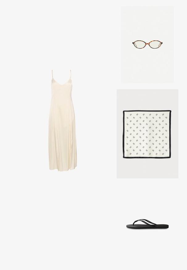 Krémové saténové šaty na ramínka s tenkými špagetovými popruhy, hlubokým výstřihem do V a splývavým designem do délky kotníků. Hladký povrch a minimální švy.; Černé žabky s texturovanou gumovou podrážkou, dvěma štíhlými popruhy a jemným, embosovaným logem na popruhu.; Želvovinové brýle s oválnými čočkami a hladkým, jemným povrchem. Má tenké bočnice s jemným zakřivením v chrámcích. Čiré čočky.; Bílý hedvábný šátek se opakujícím se černým geometrickým vzorem, lemovaný pevným černým okrajem. Lehký s hladkým povrchem.