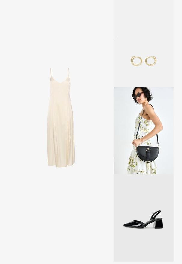 Krémový saténový slip šaty s tenkými ramienkami, hlbokým výstrihom do V a voľným dizajnom až po členky. Hladká textúra a minimálne švy.; Čierne lakované kožené sandálové podpätky s špicatou špičkou a geometrickým blokovým podpätkom. Disponujú elegantným, minimalistickým dizajnom a hladkým povrchom.; Čierna kožená kabelka s zaobleným tvarom, odnímateľným popruhom a zlatými doplnkami. Kabelka má klopu s detailom s prackou.; Zlaté kruhové náušnice s hladkým, zaobleným dizajnom. Obsahujú malý uzáver s pántom, ľahký vzhľad a lesklý povrch.