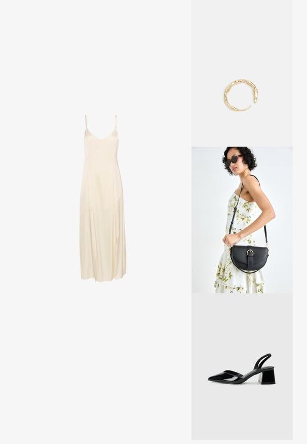 Ivory satenska haljina sa tankim trakama, dubokim V-izrezom i lepršavim, dužinom do gležnjeva. Glatka tekstura i minimalni šavovi.; Crne lakirane kožne sandale s otvorenom petom i špicastim vrhom, s geometrijskom blok petom. Imaju elegantan, minimalistički dizajn i glatku teksturu.; Crna kožna torba s lukovitim oblikom, odvojivim remenom i zlatnim detaljima. Torba ima preklop s kopčom.; Prsten u zlatnoj nijansi s organskim, uvijenim dizajnom, glatkom teksturom i suženim krajevima, koji stvara moderan, skulpturalni izgled.