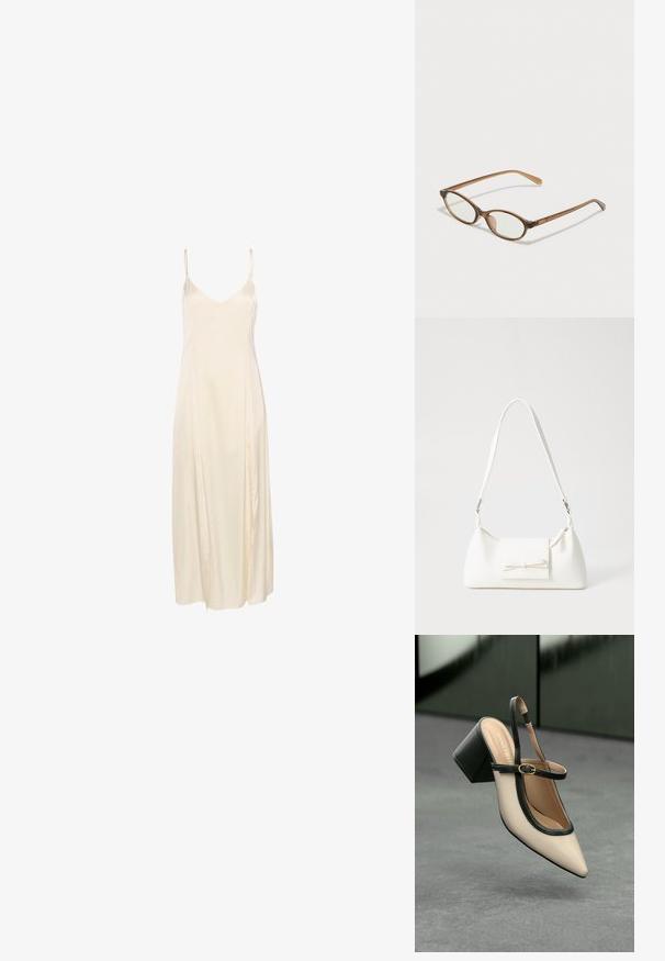 Elefántcsont szatén bőrszerű ruha vékony spagetti pántokkal, mély V-kivágással és áhítatos, bokáig érő dizájnnal. Simább textúra és minimális varrás.; Beige, hegyes orrú, pántos cipő fekete díszítéssel, arany csattal és vastag blokk sarokkal, szürke padlón, sötétzöld háttér előtt.; Barna teknős páncélmintás szemüveg, ovális lencsékkel, vékony szárakkal és átlátszó részletekkel. A templomon diszkrét logó található. Elegáns, könnyű dizájn.; Fehér szintetikus kézitáska, háromszög alakú, lapos előlap, masni részlettel, állítható pánttal, sima textúrával és minimalista dizájnnal.