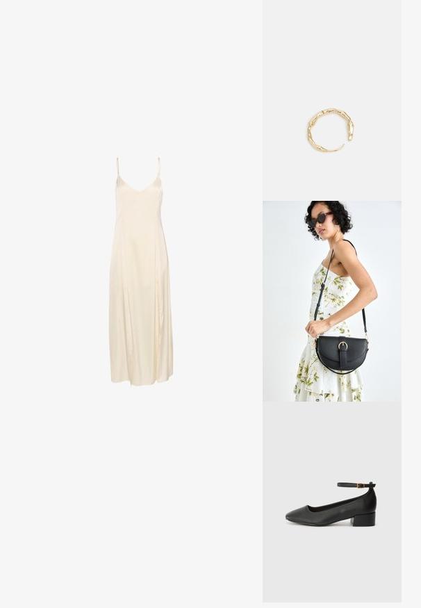 Kremiškos satino naktiniai su plonais spaghetti dirželiais, giliu V formos iškirpimu ir plačiu, iki kulkšnies siekiančiu dizainu. Lygi tekstūra ir minimalūs siūlės.; Juodas odinis aukštakulnis batelis su smailiu pirštu ir žemu bloku. Su kulkšnies dirželiu su auksinės spalvos sagtimi. Lygus paviršius.; Juodas odinis krepšys su išlenkta forma, nuimamu dirželiu ir auksiniais detalėmis. Krepšys turi kilpą su sagtimi.; Auksinės spalvos žiedas, turintis organišką, sukimosi dizainą su lygiu paviršiumi ir siaurėjančiais galais, sukuriantis modernią skulptūrinę išvaizdą.