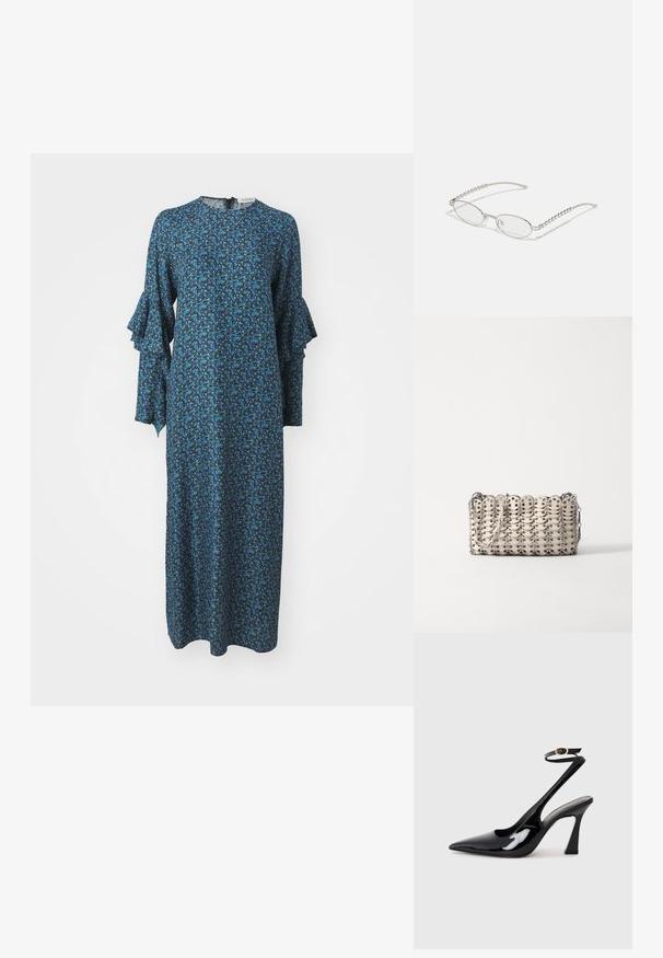 Hosszú kék ruha zöld és világoskék virágmintával. Ráncos ujjakkal és kerek nyakkivágással rendelkezik, hátul cipzárral.; Fekete lakk bőrből készült, slingback magas sarkú cipők, hegyes orral, állítható bokapánttal és mérsékelt tömbsarkal. Simább textúra, fényes felület.; Ovális szemüveg fém ezüst kerettel, átlátszó lencsékkel és texturált gyöngyös szárakkal. Könnyű kialakítás ívelt karokkal.; Rabanne BAG - Kézitáska - cream/silver; Tiszta és borostyán színű gyanta gyűrűk, az egyik sima és átlátszó, a másik texturált, borostyán bevonattal rendelkezik. Mindkettő kerek, tömör formatervezésű.
