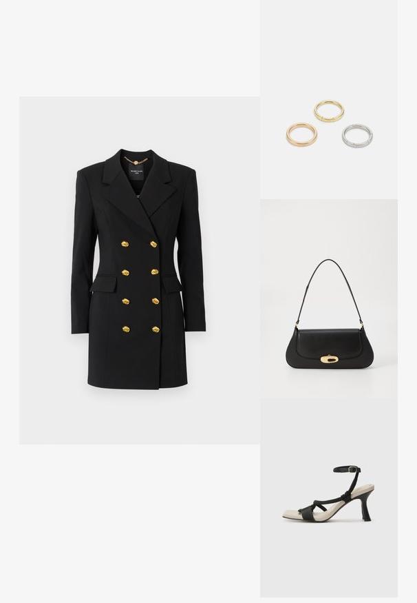 MARCIANO BY GUESS WELL SUITED - Denní šaty - jet black; Černé sandály na podpatku s pleteným designem pásku, čtveratou špičkou a nastavitelným páskem kolem kotníku. Světle béžová stélka s lesklým černým podpatkem.; Černá kožená kabelka s zakřiveným designem, zlatými akcenty a horním uchem. Vybavena elegantním zavíráním a hladkým povrchem.; Tři kovové prsteny: jeden růžově zlatý, jeden zlatý s texturovanými detaily a jeden stříbrný, všechny s vyrytým brandingem na vnitřním boku.