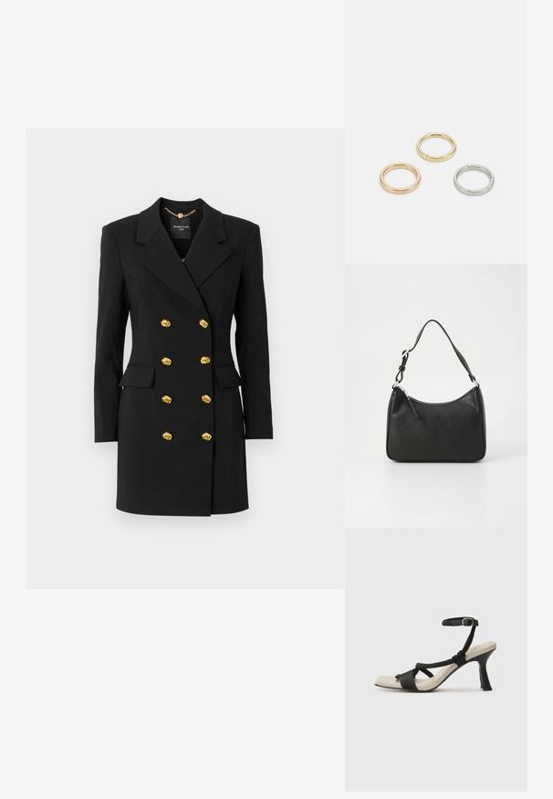 MARCIANO BY GUESS WELL SUITED - Vapaa-ajan mekko - jet black; Mustat korkokengät, joissa on punottuolkaiminen design, neliömäinen kärki ja säädettävä nilkkahihna. Vaaleanbeige jalkapohja ja kiiltävä musta korko.; Mustat nahkakäsilaukku, jossa on kaareva muoto, yksi hihna, vetoketjukiinnitys ja hienovarainen brändäys etuosassa. Sujuva pinta, minimalistinen muotoilu.; Kolme metallirengasta: yksi ruusukultainen, yksi kultainen teksturoiduilla yksityiskohdilla ja yksi hopeinen, kaikki kaiverretulla brändäyksellä sisäpuolella.