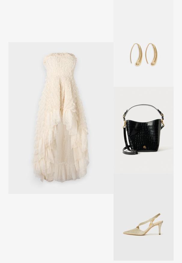 Trägerloses, beiges Kleid mit rüschierten Lagen, strukturiertem Stoff und transparenten Pünktchenakzenten. Der ausgestellte Saum sorgt für Volumen und Bewegung.; Glänzende goldene Slingback-Pumps mit einer spitzen Zehe, einem dünnen Knöchelriemen und einem schlanken Absatz. Die Oberfläche hat ein strukturiertes metallisches Finish.; Schwarze, krokodilgeprägte Lederhandtasche mit geschwungener Form, goldfarbenen Hardware-Akzenten, einem verstellbaren Riemen und einem Logodetail auf der Vorderseite.; Goldfarbene Metall-Hoops mit einer geschwungenen, länglichen Form. Sie verfügen über eine glatte, glänzende Oberfläche und eine abgerundete Spitze für zusätzliche Details.