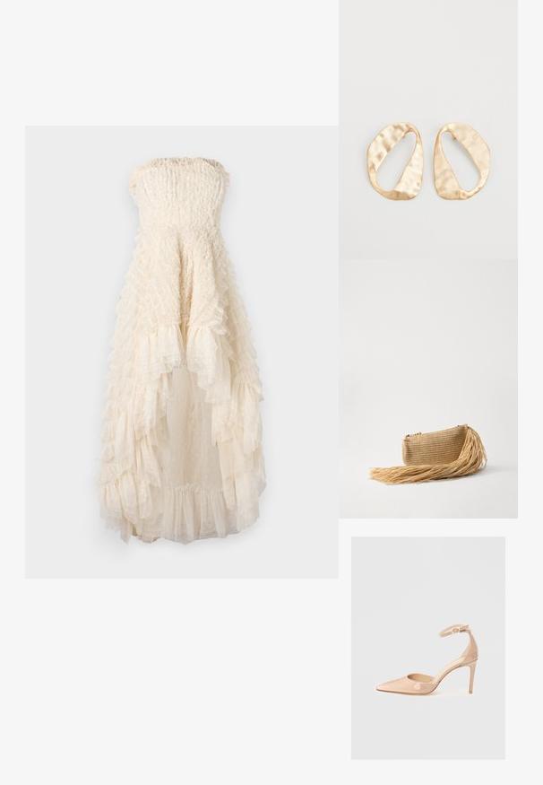 Strapless, beige dress with ruffled layers, textured fabric, and sheer polka dot accents. Flared hemline adds volume and movement.; Nude patent leather pointed-toe shoe with an ankle strap and a stiletto heel, featuring a smooth texture and minimalistic design.; Cult Gaia VIERA - Clutch - natural; Pair of irregular oval-shaped gold-toned metal earrings with a textured, slightly hammered surface on a white background.