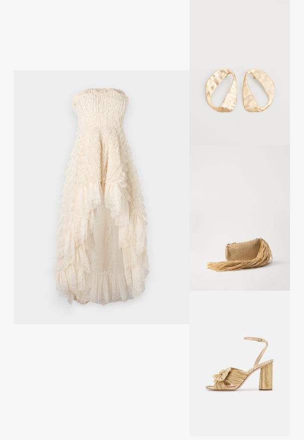 Broderløs, beige kjole med voluminøse lag, struktureret stof og gennemsigtige polka dot detaljer. Den flared nederdel tilføjer volumen og bevægelse.; Guldhælede sandaler med en knyttet front, plisseret tekstur og en ankelrem. Blokhælen har et ribbet design, der forbedrer grebet.; Cult Gaia VIERA - Clutches - natural; Et par uregelmæssige ovalformede øreringe i guldtonet metal med en tekstureret, let hamret overflade på en hvid baggrund.
