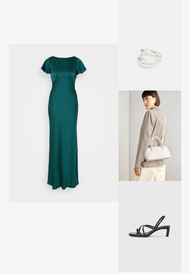 Dlhá saténová šaty v tmavom teal odtieni, s krátkymi volánovými rukávmi a priliehavým telom, plynulo prechádzajúce do rovného lemu.; Čierne sandále na vysokom podpätku so štvorcovou špičkou a nízkym blokovým podpätkom. Obsahujú viacero tenkých popruhov a nastaviteľný členkový popruh. Vyrobené z hladkej kože.; Biela štruktúrovaná kabelka s krátkymi rúčkami a ramenným popruhom, s zlatými kovovými prvkami a textúrovaným materiálom, vystavená na šedom pozadí.; Strieborný prsteň s dvojitým pásikom s hladkým, lesklým povrchom. Má plynulý, zakrivený dizajn s prekryvajúcimi sa časťami pre moderný vzhľad.