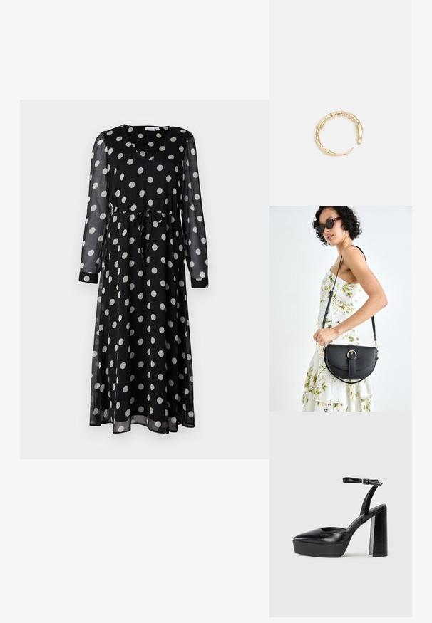 Crna haljina s točkastim uzorkom, V-izrezom, dugim prozirnim rukavima, suženim strukom i remenom. Ima velike bijele točkice po cijeloj haljini.; Crne platforme s potpeticom s oštrim vrhom i podešivom naramenicom. Izrađene od glatke kože, s masivnom blok petom.; Crna kožna torba s lukovitim oblikom, odvojivim remenom i zlatnim detaljima. Torba ima preklop s kopčom.; Prsten u zlatnoj nijansi s organskim, uvijenim dizajnom, glatkom teksturom i suženim krajevima, koji stvara moderan, skulpturalni izgled.