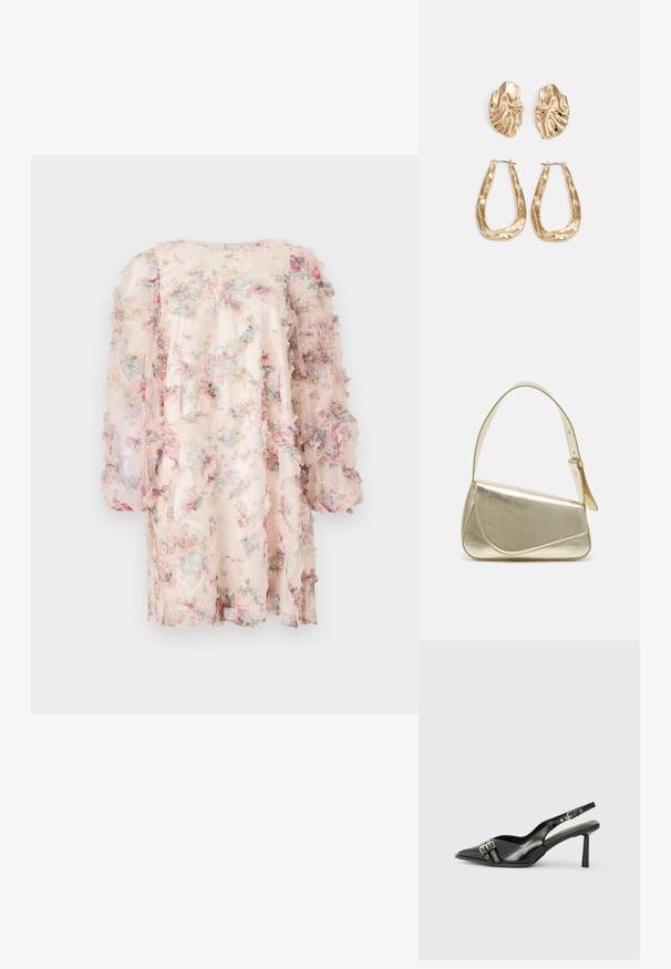 Vestido floral feito de um tecido leve e transparente, com mangas em babados. Apresenta uma palete de cores pastel com padrões florais em rosa, azul e verde.; Sapato slingback preto em pele patentada com bico apontado, tiras no tornozelo apresentando fivelas e acessórios prateados, e um salto elegante.; Bolsa de mão metálica dourada com um design estruturado, textura suave e alça ajustável. Apresenta uma forma triangular única e costura minimalista.; Brincos em tom de ouro com formas onduladas e texturizadas. Inclui studs escultóricos com presilha e um design de argola aberta com um acabamento martelado.