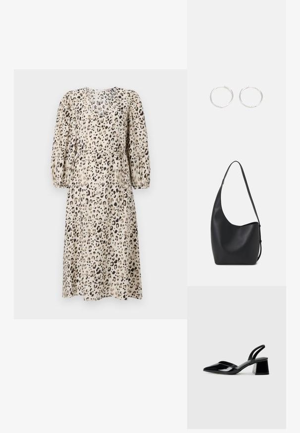 Rochie cu imprimeu de leopard în nuanță bej, cu mâneci scurte tip balon, talie strânsă și fustă fluidă. Realizată dintr-un material ușor, cu model.; Pantofi cu toc slingback din piele lacuită neagră, cu vârf ascuțit și toc geometric. Prezintă un design elegant, minimalist și o textură netedă.; Geantă hobo din piele neagră, cu o textură netedă, formă curbată și un singur bretele ajustabil; are o deschidere largă în partea de sus.; Cercei din argint cu un design elegant și rotund, având o suprafață netedă și fără embellismente vizibile. Diametrul nu este specificat.