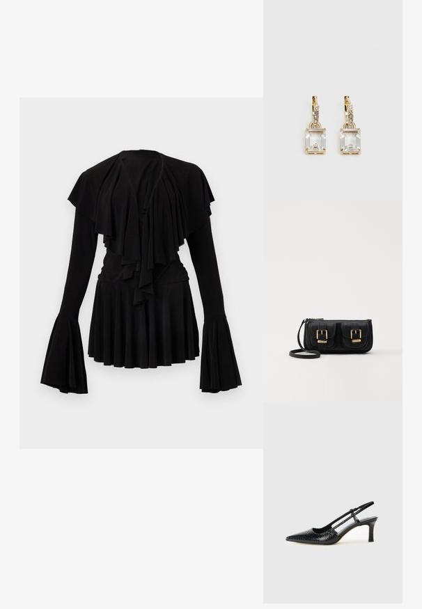 Melnas garām piedurknēm topiņš ar slāņainām volāniem, izplestām piedurknēm un piegulīgu vidukli. Izgatavots no mīksta auduma ar plūstošu svārku dizainu.; Melna patent āda ar slīdošo papēdi un smailo purngalu, ar teksturētu čūsku drukājumu, regulējamu siksniņu un īsu teksturētu blokpapēdi.; Melnas ādas crossbody soma ar divām priekšējām kabatām, zelta sprādzēm, ar rāvējslēdzēju aizdari un šauru siksnu. Strukturēta virsma un kompakta taisnstūra forma.; Zeltītas auskaru rotas, kuru centrā ir taisnstūra formas caurspīdīgs kristāls, kas karājas zem mazu, apaļu caurspīdīgu akcentu rindas. Elegants, mūsdienīgs dizains.