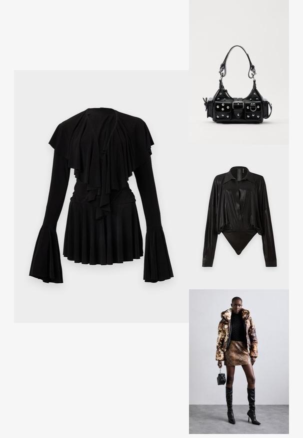 Musta pitkähihainen paita, jossa on päällekkäisiä frilloja, levenevät hihat ja istuva vyötärö. Valmistettu pehmeästä kankaasta, jossa on virtaava hameen muotoinen malli.; Musta catsuit pitkillä hihoilla, V-pääntiellä ja tiukalla siluetilla. Valmistettu kiiltävästä, sileästä kankaasta, jossa on jämäkkä kaulus ja hihansuut.; Puffer-takki ruskealla ja mustalla kuviolla, yhdistettynä ruskeaan käärmeennahkakuosiseksi mini-hameeseen, mustiin polvimittaisiin saappaisiin ja pieneen mustaan laukkuun.; Musta nahkainen käsilaukku, jossa on kaareva muotoilu, hopeiset niitit, solki ja kaksi sivutaskua. Säädettävä olkahihna erilaisiin kantovaihtoehtoihin.