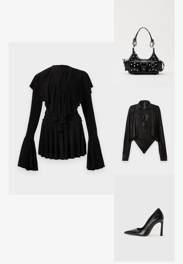 Černý top s dlouhým rukávem, zdobený vrstvami volánů, s rozšířenými rukávy a přiléhavým pasem. Vyrobený z měkké tkaniny s volnou sukní.; Černý body s dlouhými rukávy, výstřihem do V a přiléhavým střihem. Vyrobeno z lesklého, hladkého materiálu se strukturovaným límcem a manžetami.; Černý lodičkový bot s špičatou špičkou, pokrytý texturou krokodýlí kůže, s elegantním designem, vysokým stiletto podpatkem a hladkým černým interiérem.; Černá kožená kabelka s křivkovým designem, zdobená stříbrnými hřebíky, s přezkou a dvěma bočními kapsami. Nastavitelný popruh pro různé možnosti nošení.