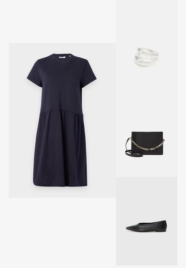 Navy blue short-sleeve dress made of soft cotton, featuring a round neckline and a gathered waistline for a flared silhouette.; Black leather ballet flat, pointed toe, minimalistic design, smooth texture, low-profile heel, no visible hardware or embellishments.; Black leather crossbody bag featuring a smooth texture, rectangular shape, and a metallic chain detail on the front. Adjustable strap included.; Silver double-band ring with a smooth, polished surface. Features a fluid, curved design with overlapping sections for a modern look.