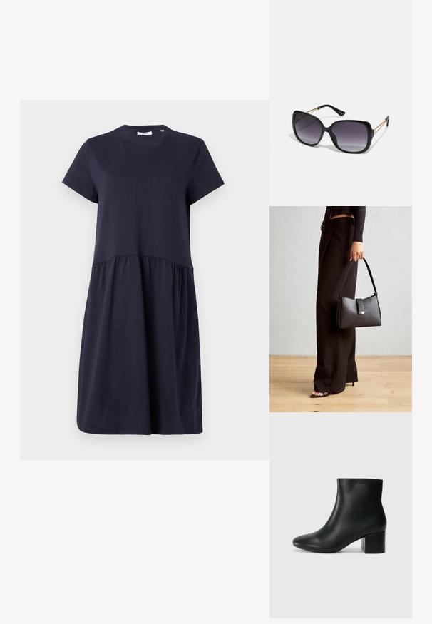Tamsiai mėlynos spalvos trumpomis rankovėmis suknelė iš švelnios medvilnės, turinti apvalų iškirpimą ir susiraukšlėjusią juosmenį, suteikiančią platėjančią siluetą.; Juodos odinės aulinės botai su smailiu priekiniu pirštu ir storu kulnu. Lygus tekstūra su minimaliomis detalėmis ir elegantišku, tvirtai priglundančiu dizainu.; Juodos didelės saulės akinių su pereinamais objektyvais, storomis rėmeliais ir auksinės spalvos grandinėmis ant šventyklų.; Juodas rankinė struktūrizuota forma, lygi tekstūra ir metalinis užsegimas. Suporuota su plačiomis juodomis kelnėmis ir atvirais bateliais ant medinių grindų.