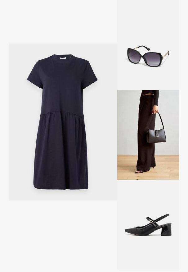 Tengerés kék, rövid ujjú ruha, puha pamutból készült, kerek nyakkivágással és redőzött derékrésszel, amely ellágyult sziluettet kölcsönöz.; Fekete lakk bőr, pántos magassarkú cipő, hegyes orral, lekerekített kivágással és tömbsarkal. Arany színű csat díszíti.; Fekete, oversize napszemüveg fokozatos árnyalatú lencsékkel, vastag kerettel és arany színű lánc díszítéssel a szárakon.; Fekete kézi táska strukturált formával, sima textúrával és fémből készült záródással. Széles fekete nadrággal és nyitott orrú szandállal párosítva, fából készült padlón.