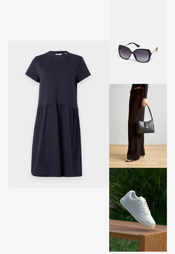 Granatowa sukienka z krótkim rękawem, wykonana z miękkiej bawełny, z okrągłym dekoltem i marszczonym stanem, tworzącym rozkloszowany krój.; Biały sneaker z gładką syntetyczną cholewą, perforowanym noskiem, płaskimi sznurowadłami i teksturowaną podeszwą, wyeksponowany na drewnianej powierzchni.; Czarne oversize okulary przeciwsłoneczne z gradientowymi soczewkami, grubymi oprawkami i złotym łańcuszkiem na ramionach.; Czarna torebka o usztywnionym kształcie, gładkiej fakturze i metalowym zapięciem. Połączona z szerokimi czarnymi spodniami i sandałami na otwartym palcu na drewnianej podłodze.