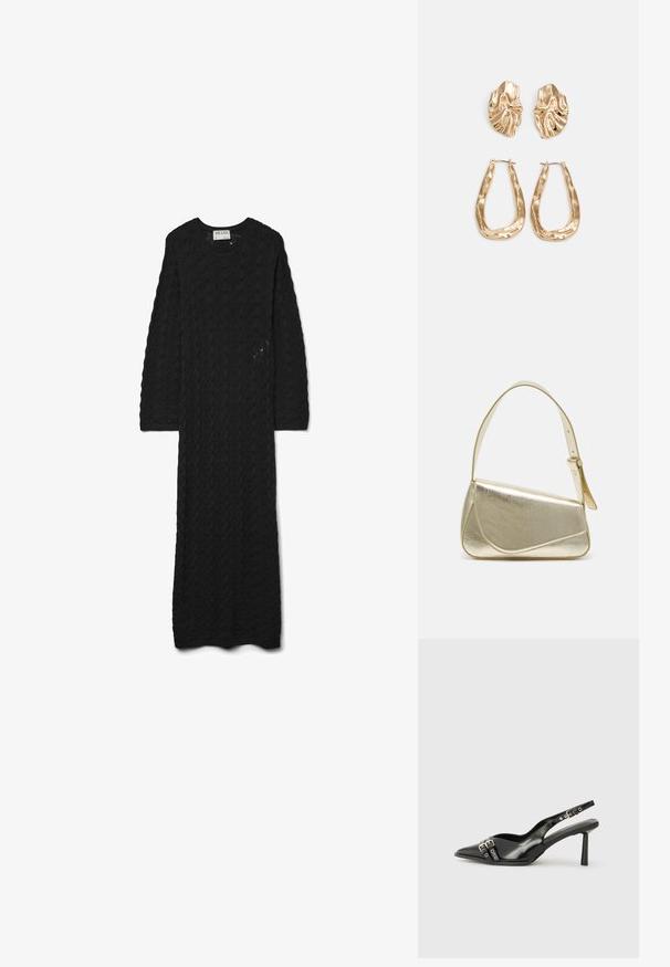 Črna pletena obleka z teksturiranim vzorcem, ki ima okroglo izrezovanje in dolge rokave, ki segajo do dolžine gležnjev.; Črne patentne usnjene sandale s koničastim nosom, zankami okoli gležnja s srebrnimi sponkami in opremo ter vitkimi petami.; Zlata metalna torbica z urejenim dizajnom, gladko teksturo in nastavljivim trakom. Ima edinstveno trikotno obliko in minimalistično šivanje.; Zlato obarvani uhani z teksturiranimi, valovitimi oblikami. Vključujejo skulpturalne sponke za ušesa in odprto obliko obročka s kladivastim finišem.