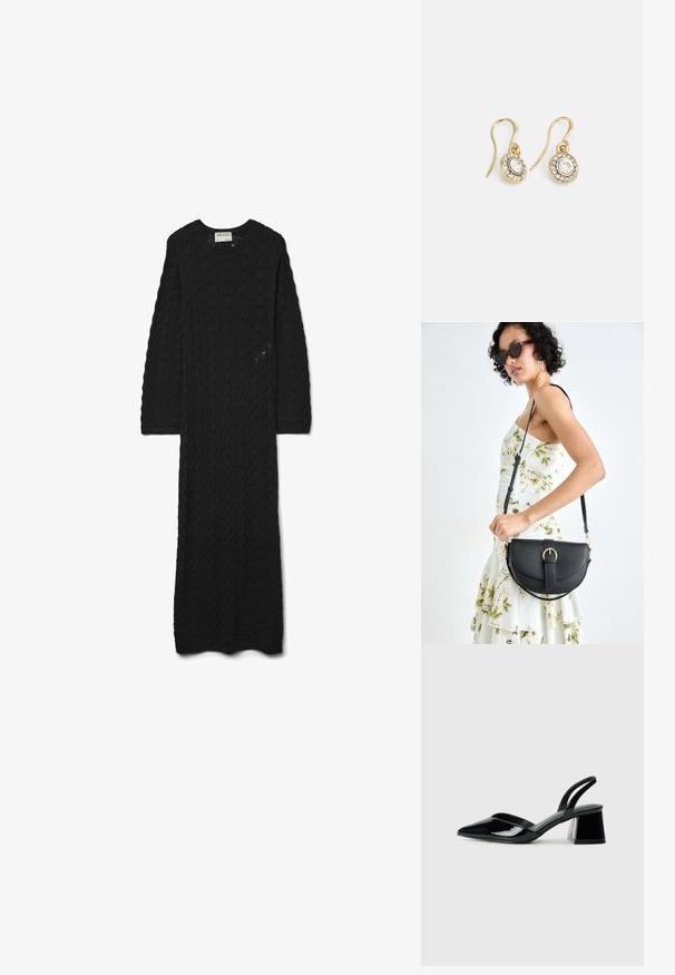 Melns adīts kleita ar teksturētu rakstu, kurai ir apaļa kakla izgriezuma forma un garas piedurknes, un tā sniedzas līdz potītēm.; Melna lakota āda ar atvērto papēdi, ar smailu purngalu un ģeometrisku blokpapēdi. Iezīmējas elegants, minimāls dizains un gluda tekstūra.; Melnas ādas rokassoma ar izliekta formu, noņemamu siksnu un zelta aksesuāriem. Somai ir vāciņš ar sprādzes detaļu.; Zelta tonī veidotas auskaru piekariņi ar ovālu izgriezumu caurspīdīgām kristālēm, kuras ieskauj mazākas caurspīdīgas akmeņu daļiņas, ar āķveida dizainu drošai valkāšanai.