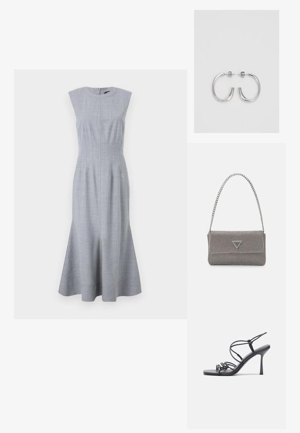 Bele auksinė suknelė be rankovių, prigludusia palaidine, platėjančia sijonu ir subtiliais vertikaliais siūlais. Uždarymas užtrauktuku gale.; Juodos aukštakulnės sandalai pasižymi plonyčiais dirželiais su mazgo dizainu, lygiu kvadratiniu pirštu ir elegantišku stiletto kulnu.; Šviesiai pilka metalinė rankinė su grandinėlės dirželiu, papuošta mažais apvaliais metaliniais smeigėmis ir trikampiu prekės ženklu.; Sidabriniai lankelio formos auskarai su lygiu, blizgiu paviršiumi, išlenktos formos ir su užsegimu. Minimalistinio dizaino su moderniu apdaila.