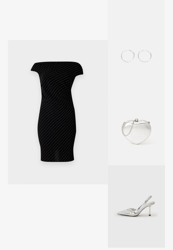 Vestido preto sem ombros com riscas verticais prateadas; design ajustado, textura suave e comprimento até aos joelhos.; Sapato de salto alto slingback prateado com bico fino, acabamento metálico, duas correias decorativas e um salto esbelto com ponta preta.; Bolsa de mão metálica prateada em forma de coração, com textura lisa, fecho por pressão e corrente prateada.; Brincos de argola prateados com um design arredondado e elegante, apresentando uma superfície lisa e sem adornos visíveis. Diâmetro não especificado.