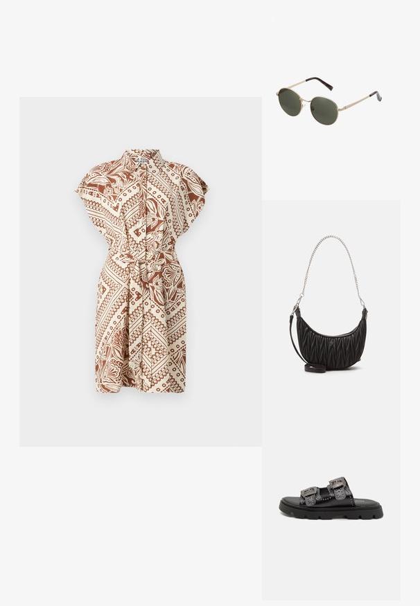 Kreklu stils, īsām piedurknēm, ar brūnu un bēšu rakstu, ar pievilktu vidukli un brīvu piegriezumu. Iezīmē veļas dizainu un gludu auduma tekstūru.; Melnas sandales ar divām platām siksnām, kuras rotā dekoratīvas kniedes un izstrādātas ar detaļu sprādzēm, novietotas uz izturīgas teksturētas gumijas zoles.; Rite saulesbrilles ar metāla zelta rāmjiem un tumši zaļiem objektīviem. Roku daļas ir ar bruņurupuča rakstu, kas piešķir papildu detaļas.; Melnā mākslīgā ādas rokassoma ar kvadrātveida tekstūru, izliekta forma, sudraba ķēdes siksna un neliela logotipa akcentācija priekšā.