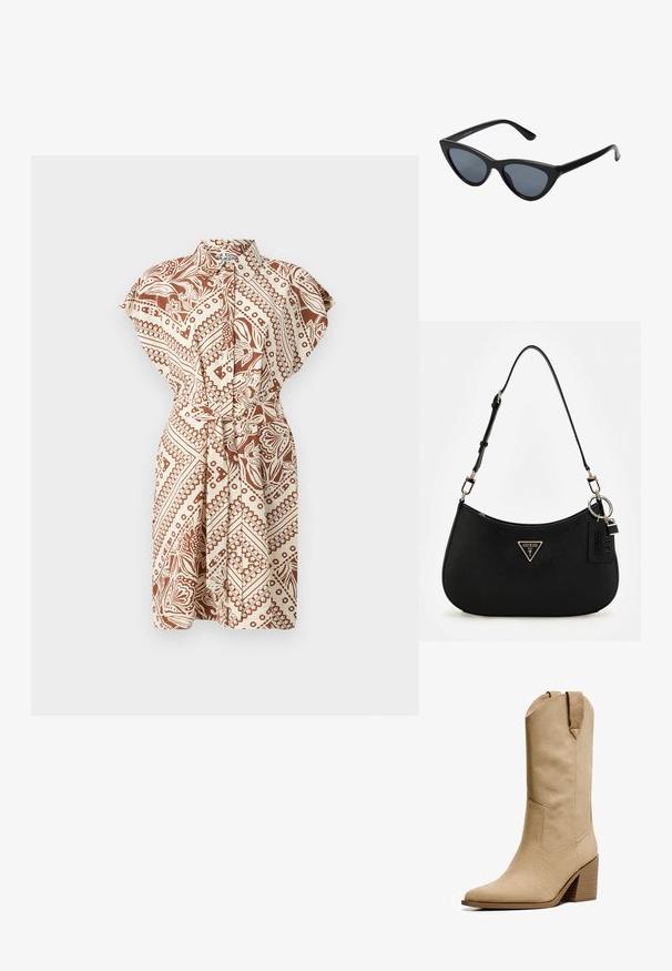 Kratka haljina s kragnom i kratkim rukavima, smeškanog uvijanja smešnog smeškanog svetla i bež uzorka, sa vezanjem u struku i opuštenim krojem. Poseduje dizajn s preklopom i glatku teksturu tkanine.; Bershka HIGH-HEEL - Kaubojske/motorističke čizme - beige; Crne mačke naočale sa tamnosivim lećama, elegantan plastični okvir, šiljati uglovi i ravne drške. Bez vidljivih metalnih dijelova ili detalja.; Crna sintetika torba za rame s zakrivljenim oblikom, teksturiranim završetkom, zlatnim trokutastim logotipom i odvojivim hardverskim naglascima.; Zlatne kružne naušnice s glatkom, sjajnom završnom obradom. Kružni dizajn s malom potporom i prozirnom podlogom za sigurno nošenje.