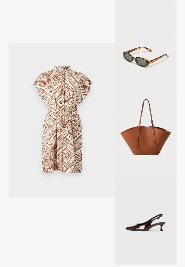 Šaty s golierom a krátkym rukávom s hnedo-bežným vzorom, s opaskom na zúženie pása a voľným strihom. Obsahujú prekrývajúci sa dizajn a hladkú textúru látky.; Hnedá lakovaná slingback obuv s špicatou špičkou a mierne vysokým opätkom. Obsahuje pracku pre bezpečné upevnenie. Hladká textúra.; Slnkovo-škrupinové slnečné okuliare s oválnymi rámami, tmavozelenými sklami a štíhlymi ramienkami. Obsahujú subtilné logo na ramienku.; Hnedá kožená taška na rameno s širokým, štruktúrovaným tvarom, tenkými popruhmi a textúrovaným povrchom. Displej minimalistického dizajnu bez viditeľného hardvéru.