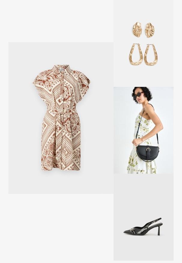 Robe à col, à manches courtes, avec un motif marron et beige, ceinture à la taille et coupe décontractée. Présente un design enveloppant et une texture de tissu lisse.; Chaussure slingback en cuir verni noir avec un embout pointu, des brides de cheville avec des boucles en argent et des éléments en métal, et un talon fin.; Sac à main en cuir noir avec une forme courbée, bandoulière amovible et des accessoires en or. Le sac est doté d'un rabat avec un détail de boucle.; Boucles d'oreilles dorées présentant des formes texturées et ondulées. Comprend des clips sculpturaux et un design de créoles ouvertes avec une finition martelée.