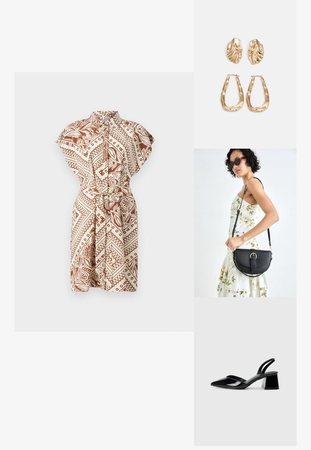 Kaelusega lühikeste varrukatega kleit, millel on pruun ja beež muster, vöödiga rõhutatud talje ja mugav istuvus. Omab mähise disaini ja siledat kangastekstuuri.; Mustad musta lakknahk kingad, millel on terav varvas ja geomeetriline plokkkonts. Omab elegantselt minimalistlikku disaini ja sujuvat tekstuuri.; Mustmust mustraha kõverate joontega, eemaldatava rihmaga ja kuldsete detailidega. Kotil on klapp, millel on pandladetail.; Kuldse värvi kõrvarõngad, mis on kaunistatud tekstuursete ja laineliste kujunditega. Komplektis on skulpturaalsed klamber kõrvarõngad ja avatud rõngasdisain, millel on lõhestatud viimistlus.