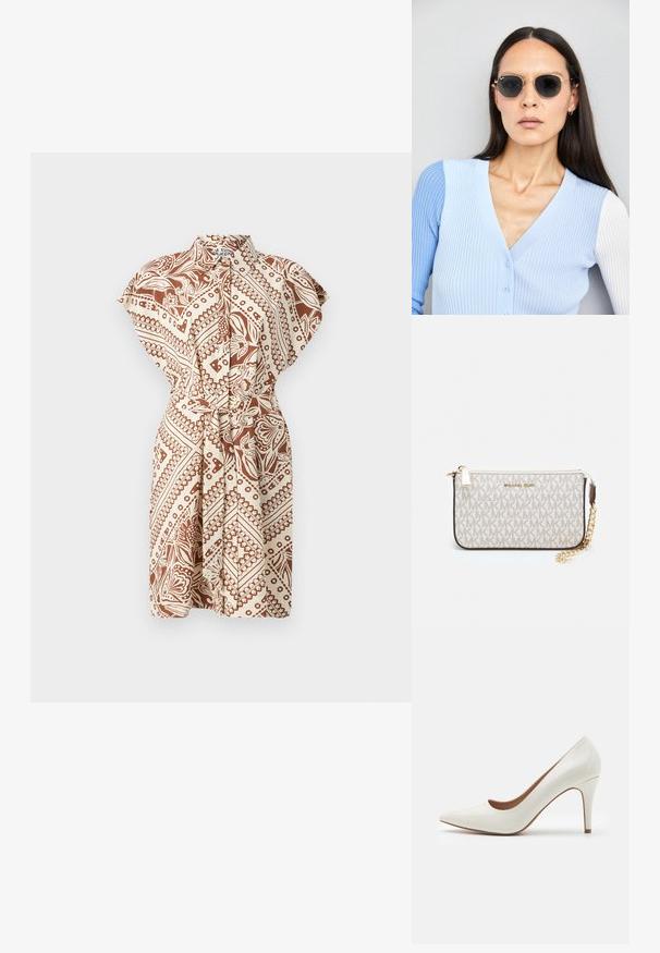 Kragekjole med korte ermer i brune og beige mønstre, belte i midjen og en avslappet passform. Har en omslagsdesign og en jevn tekstur.; Hvit patentlær høyhælte sko med spiss tå og en glatt overflate, med en slank hæl og en lav utskjæring rundt åpningen.; Runde solbriller med mørke linser og guldrammer. Modellen har en lyseblå, ribbet cardigan med knapper og kontrast hvide ærmer på.; Michael Kors håndleddsveske i beige belagt kanvas med et gjentakende MK-logo mønster, gullfarget maskinvare og en avtakbar kjede-rem.