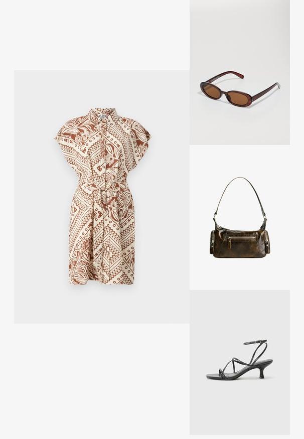 Kauluksellinen, lyhythihainen mekko ruskea-beige-kuvioinnilla, vyötärölle sidottu vyö ja rento istuvuus. Ominaisuuksiin kuuluu kietaisumalli ja sileä kangaspinta.; Mustat korkokengät ohuilla hihnoilla, avonaisella kärjellä ja pienellä, levenevällä korolla. Materiaali näyttää sileältä ja kiiltävältä.; Pyöreät, ruskehtavat aurinkolasit, joissa on kiiltävä burgundinpunainen runko. Kapeat sivut, joissa on hienovarainen brändäys. Litteät linssit.; Ruskea nahkalaukku, jossa on kaareva muoto, hopeisia yksityiskohtia ja kaksi vetoketjullista taskua edessä. Mukana säädettävä olkahihna.
