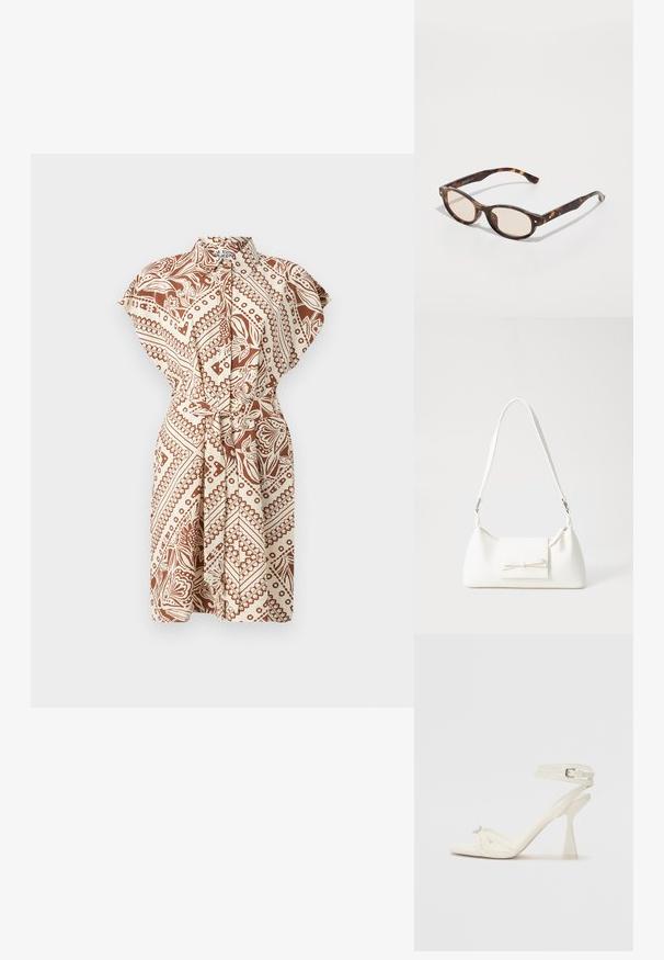 Kauluksellinen, lyhythihainen mekko ruskea-beige-kuvioinnilla, vyötärölle sidottu vyö ja rento istuvuus. Ominaisuuksiin kuuluu kietaisumalli ja sileä kangaspinta.; Valkoinen nahkainen strappisaapas, jossa on virtaviivainen muotoilu, läpinäkyvä lohko-osa ja koristeellinen elementti varpaassa.; Silmukaisvartiset aurinkolasit, joissa on pyöristetty muoto ja kevyet linssit. Varret ovat tukevat ja niissä on pieniä kultaisia yksityiskohtia, valmistettu muovimateriaalista.; Valkoinen synteettinen käsilaukku, jossa on kolmikulmainen muoto, tasainen etu läppä ja nauhadetail, säädettävä olkahihna, sileä rakenne ja minimalinen muotoilu.