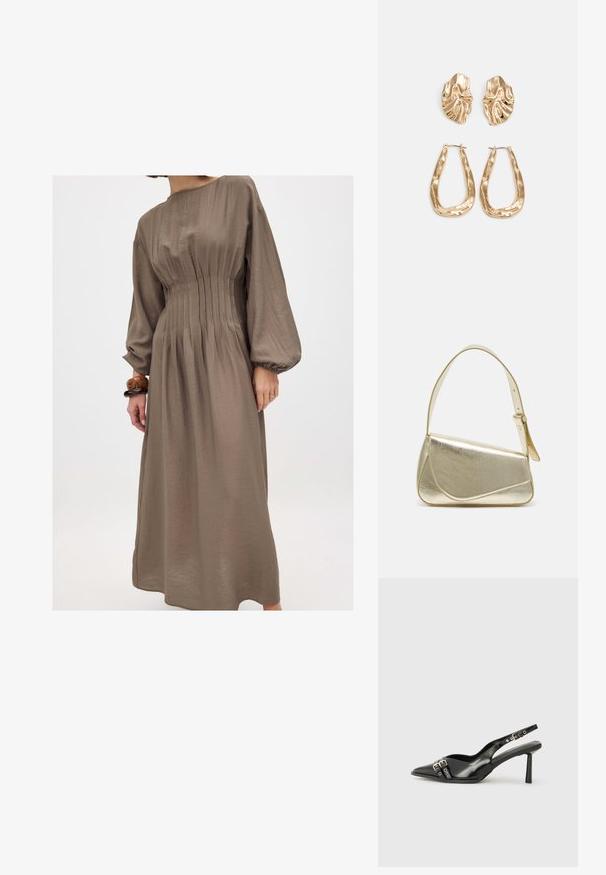 Robe longue et ample couleur taupe, avec un col rond, des plis sur le buste et des manches bouffantes. Fabriquée en tissu lisse et texturé.; Chaussure slingback en cuir verni noir avec un embout pointu, des brides de cheville avec des boucles en argent et des éléments en métal, et un talon fin.; Sac à main en métal doré avec un design structuré, texture lisse et bandoulière ajustable. Présente une forme triangulaire unique et des coutures minimalistes.; Boucles d'oreilles dorées présentant des formes texturées et ondulées. Comprend des clips sculpturaux et un design de créoles ouvertes avec une finition martelée.