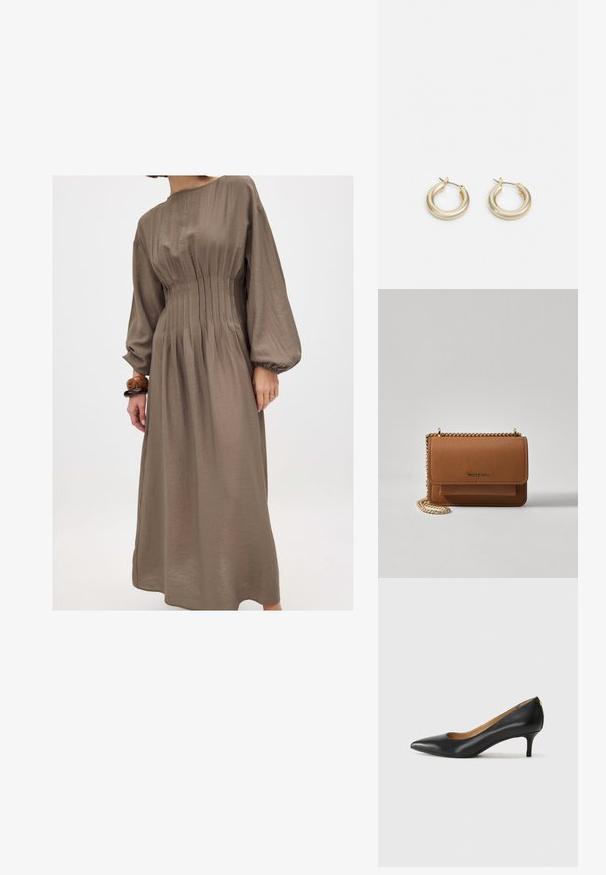 Ilgas, laisvai krentantis, taupe spalvos suknios su apvaliu iškirpimu, klosčių detalėmis kūno srityje ir pūstomis rankovėmis. Pagaminta iš glotnaus, tekstūruoto audinio.; Juodos odinės aukštakulnės bateliai su smailiu nosiu, žemu kulnu ir lygiu paviršiumi. Priekyje yra nedidelis atvirumas, o gale minimalus apdaila.; Ruda tekstūruota odinė per petį nešama rankinė su auksiniu grandininiu dirželiu ir užlenkiamo užsegimo. Priekinėje pusėje yra logotipo detalė ir kišenė po užlenkimu.; Lauren Ralph Lauren BASIC SMALL HOOP - Auskarai - gold-coloured